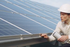 Insinyur memeriksa panel surya untuk efisiensi energi